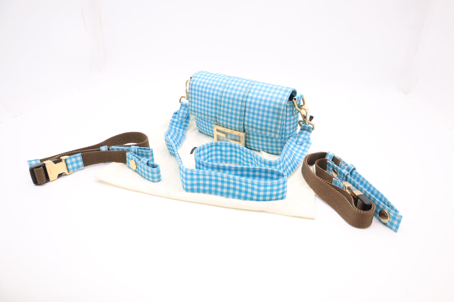 Fendi Convertible Mini Baguette Satchel in Blue Checked Nylon