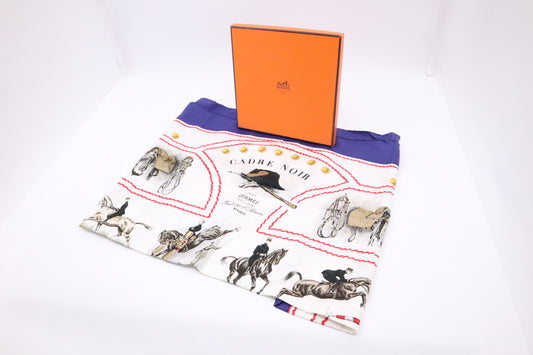 Hermes "Cadre Noir" Carre 90 in White and Blue Silk