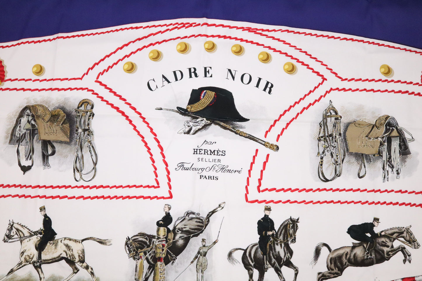 Hermes "Cadre Noir" Carre 90 in White and Blue Silk