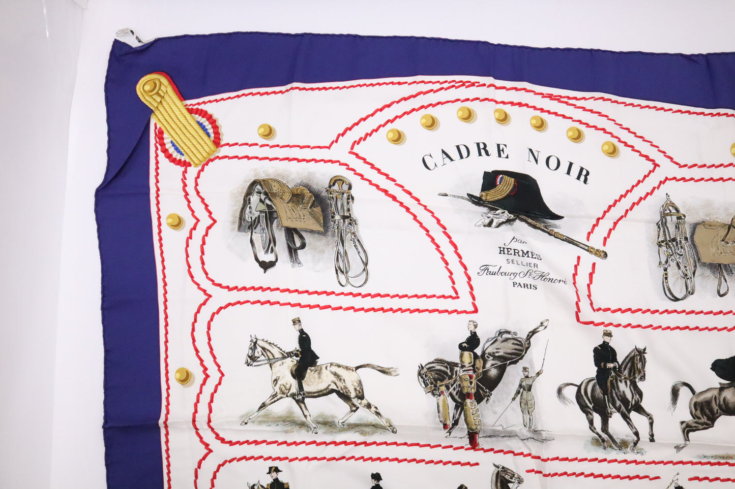 Hermes "Cadre Noir" Carre 90 in White and Blue Silk