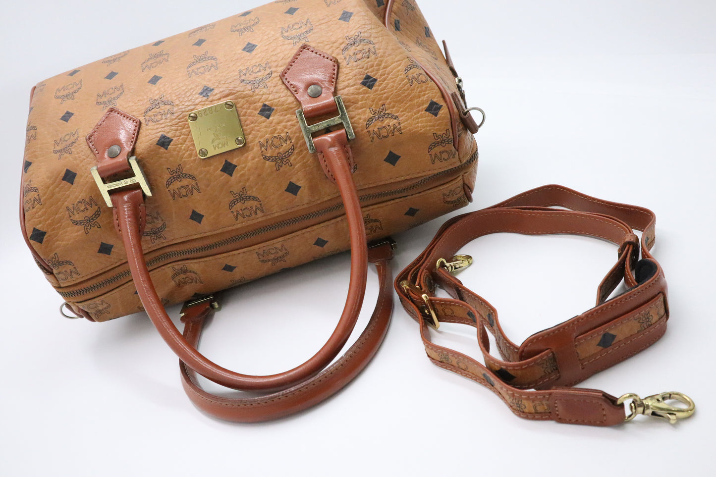 MCM Boston Bag in Cognac Visetos Canvas