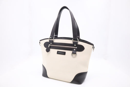 Burberry Tote Bag in Cream Canvas and Brown Leather