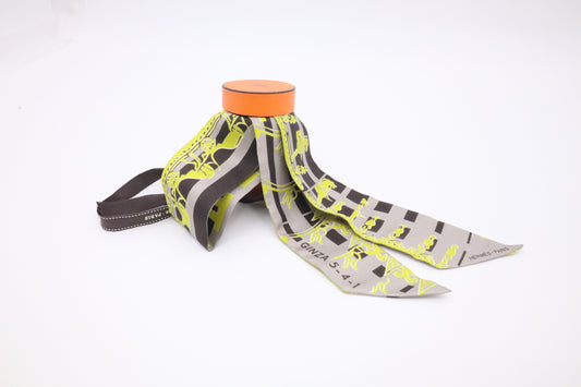Hermes 'Ginza 5-4-1' Twilly in Grey and Yellow Silk