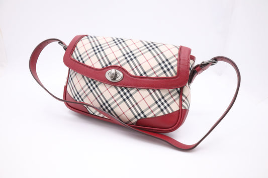 Burberry Shoulder Bag in Beige Checked Canvas & Red Leather