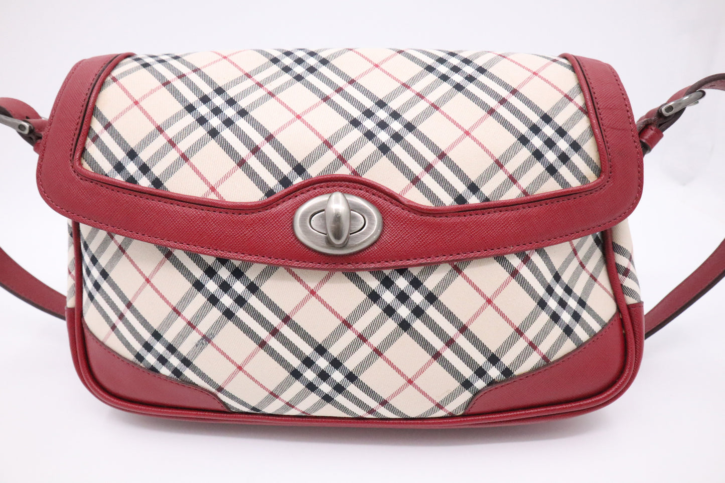 Burberry Shoulder Bag in Beige Checked Canvas & Red Leather