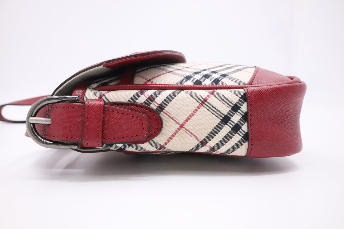 Burberry Shoulder Bag in Beige Checked Canvas & Red Leather