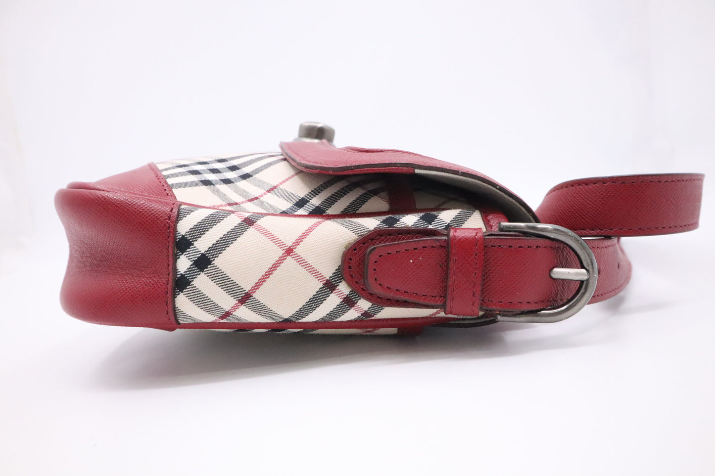 Burberry Shoulder Bag in Beige Checked Canvas & Red Leather