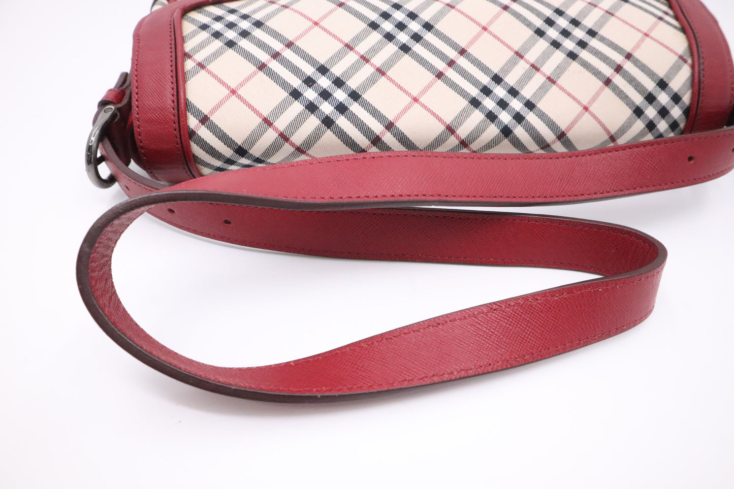 Burberry Shoulder Bag in Beige Checked Canvas & Red Leather