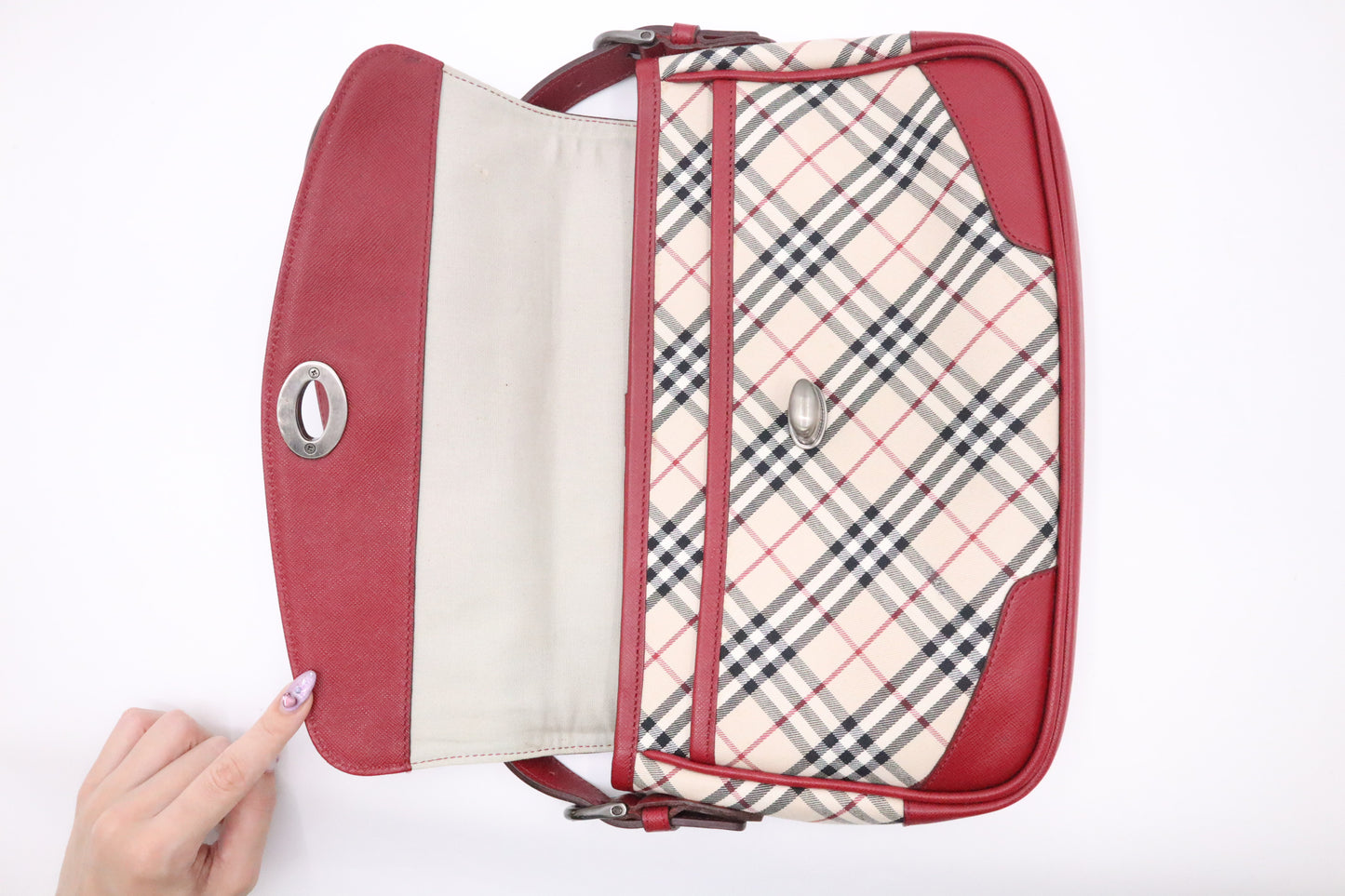 Burberry Shoulder Bag in Beige Checked Canvas & Red Leather