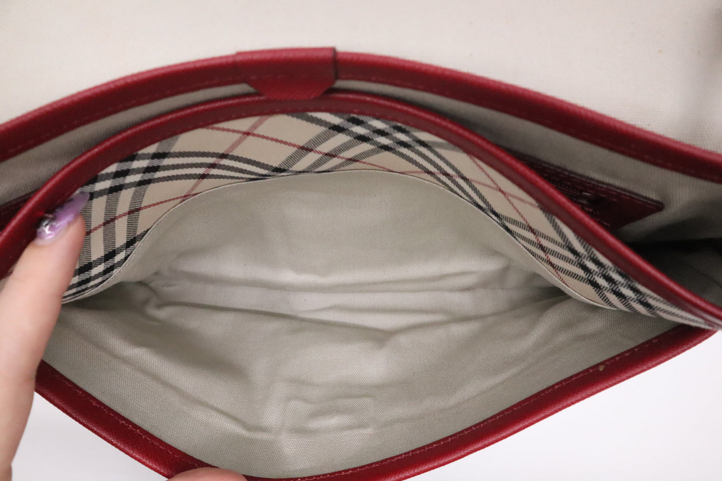 Burberry Shoulder Bag in Beige Checked Canvas & Red Leather