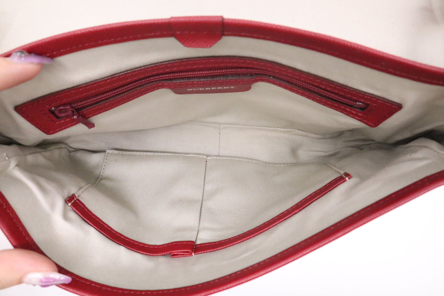 Burberry Shoulder Bag in Beige Checked Canvas & Red Leather