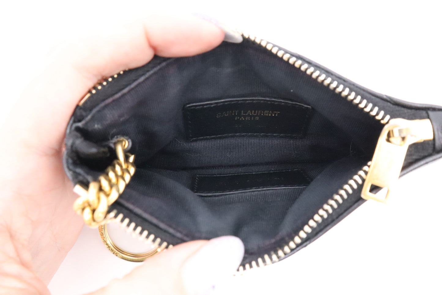 YSL Saint Laurent Coin Case in Black Chevron Leather