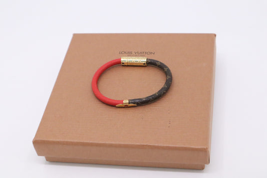Louis Vuitton Daily Confidential Bracelet in Mini Monogram Canvas and Red Leather