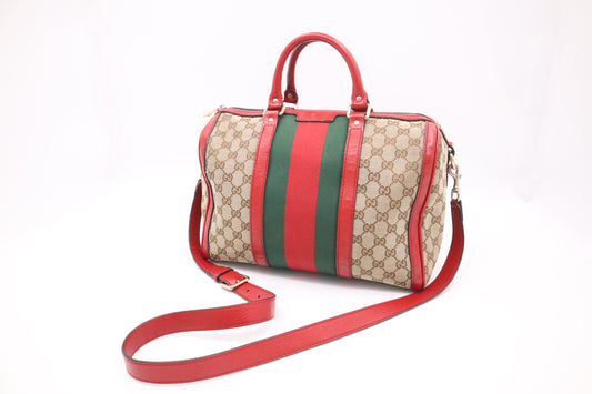 Gucci Boston Bag Bandouliere in Red Leather & Brown GG Canvas