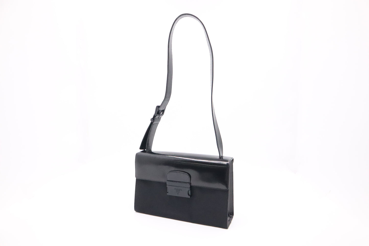 Prada Shoulder Bag in Black Patent Leather and Nylon