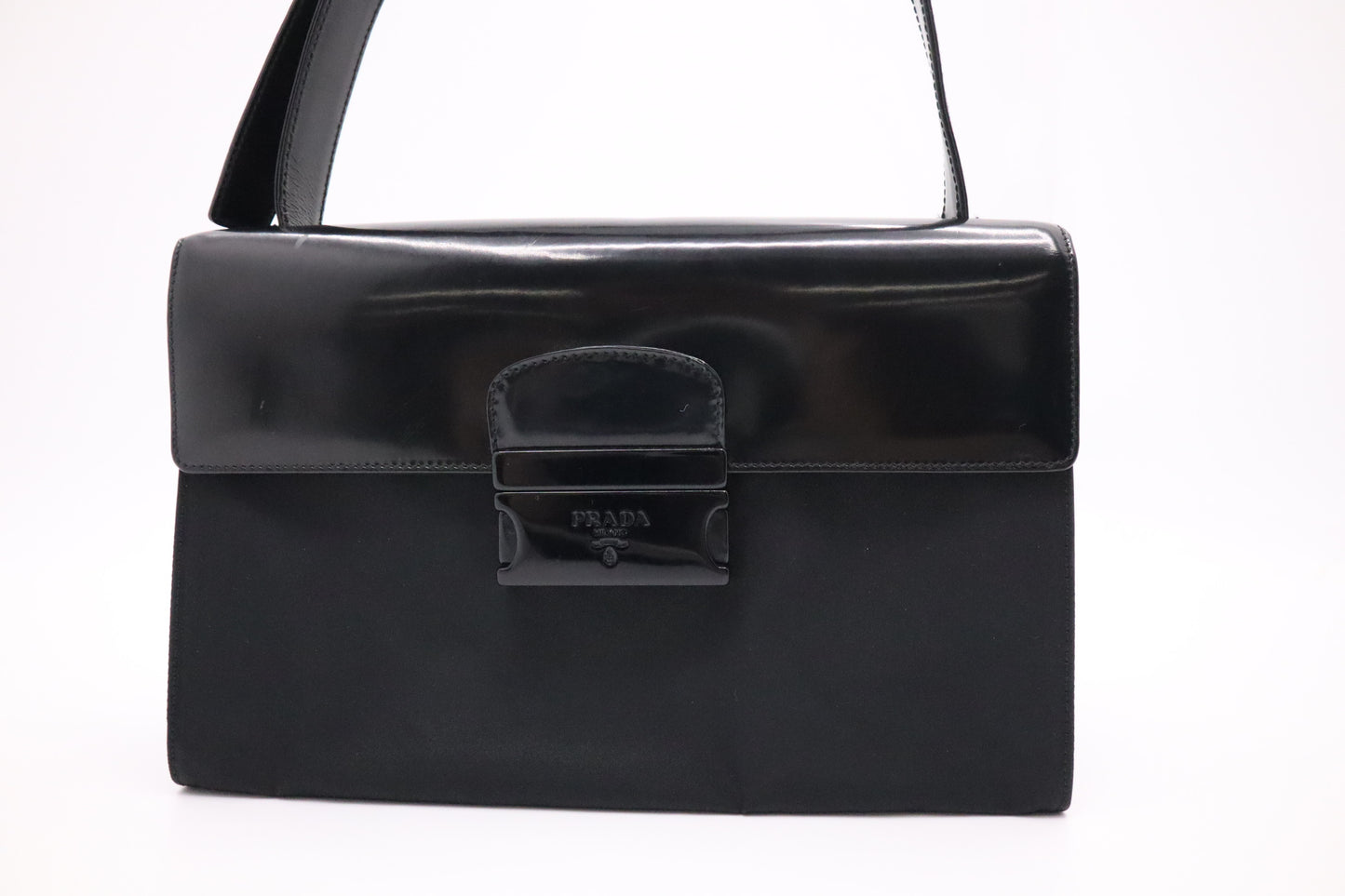 Prada Shoulder Bag in Black Patent Leather and Nylon