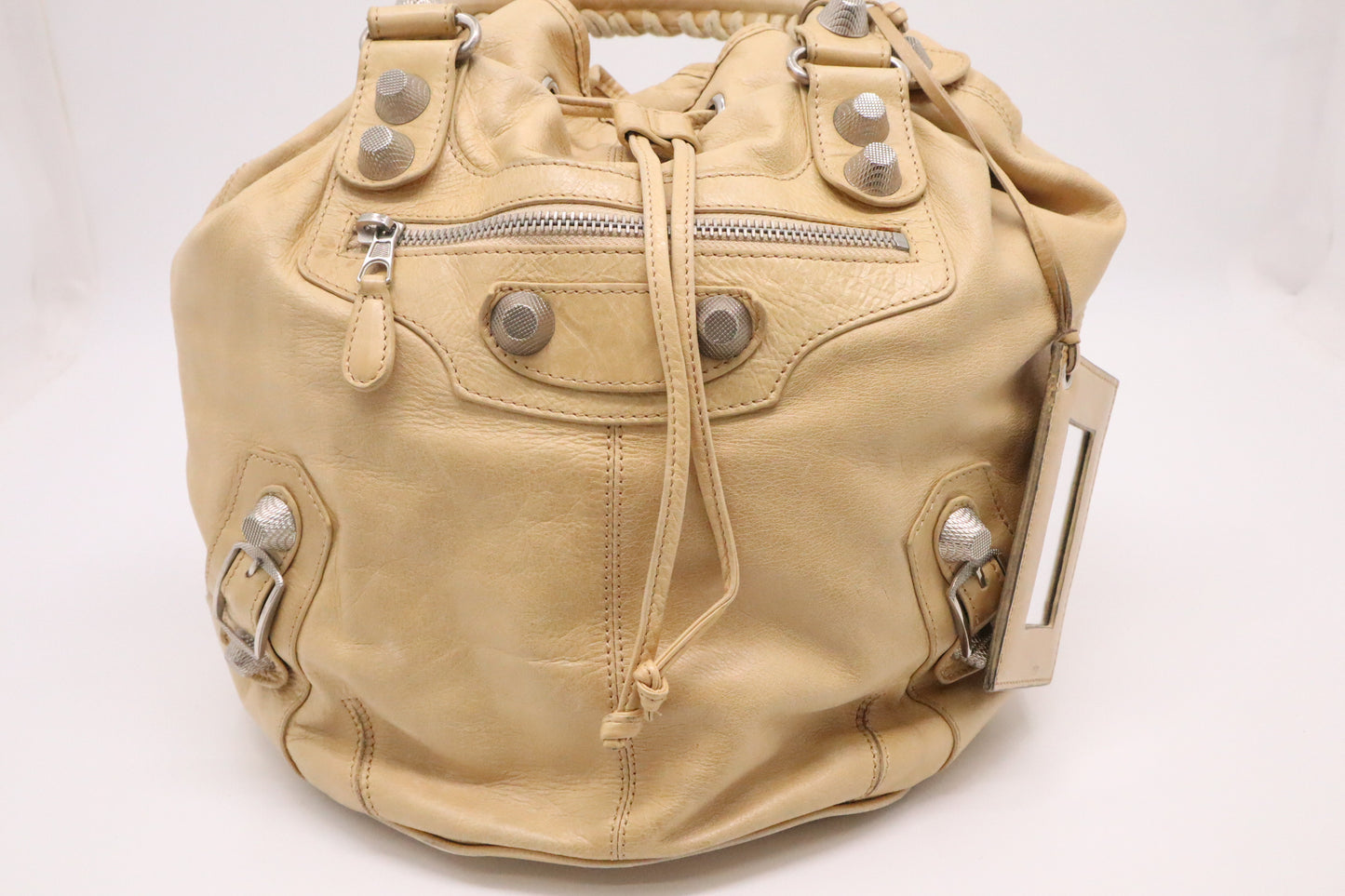 Balenciaga Pompon Shoulder Bag in Beige Leather