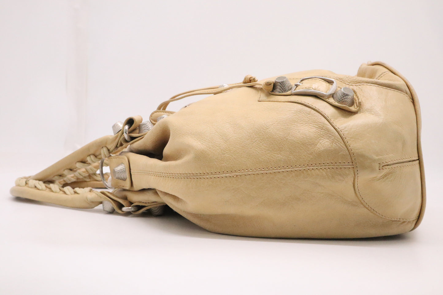 Balenciaga Pompon Shoulder Bag in Beige Leather