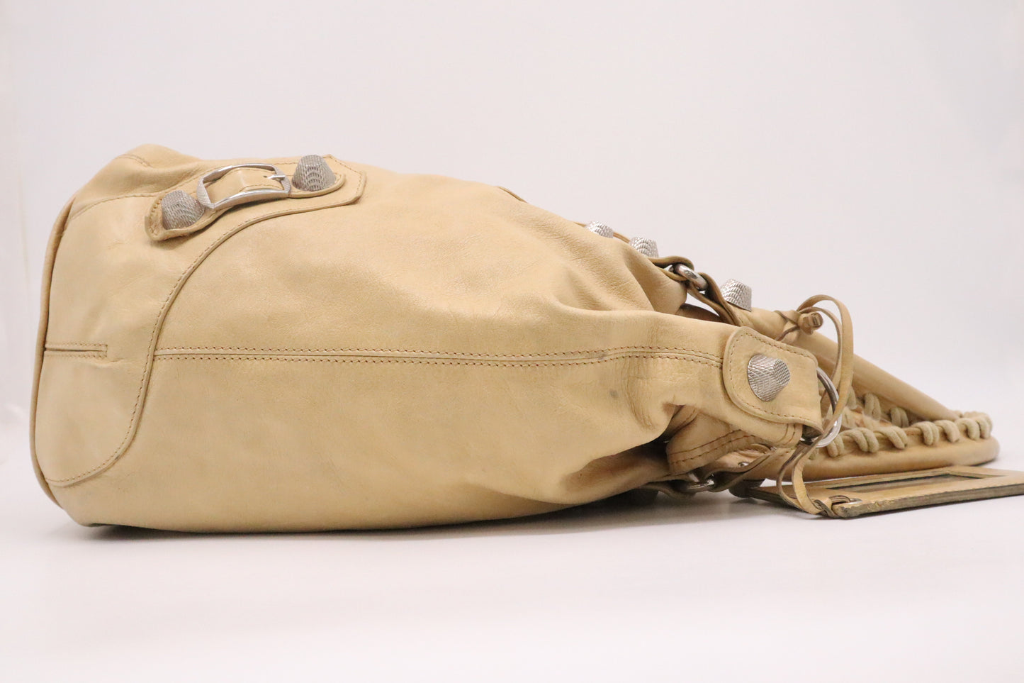 Balenciaga Pompon Shoulder Bag in Beige Leather