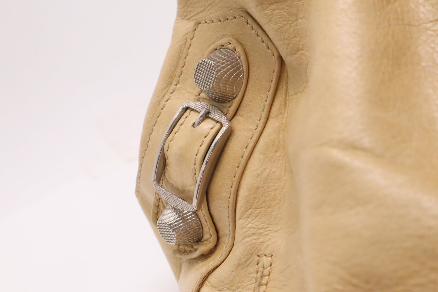 Balenciaga Pompon Shoulder Bag in Beige Leather
