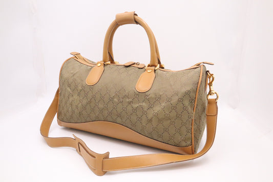 Gucci Boston Bag in Green GG Canvas and Brown Leather
