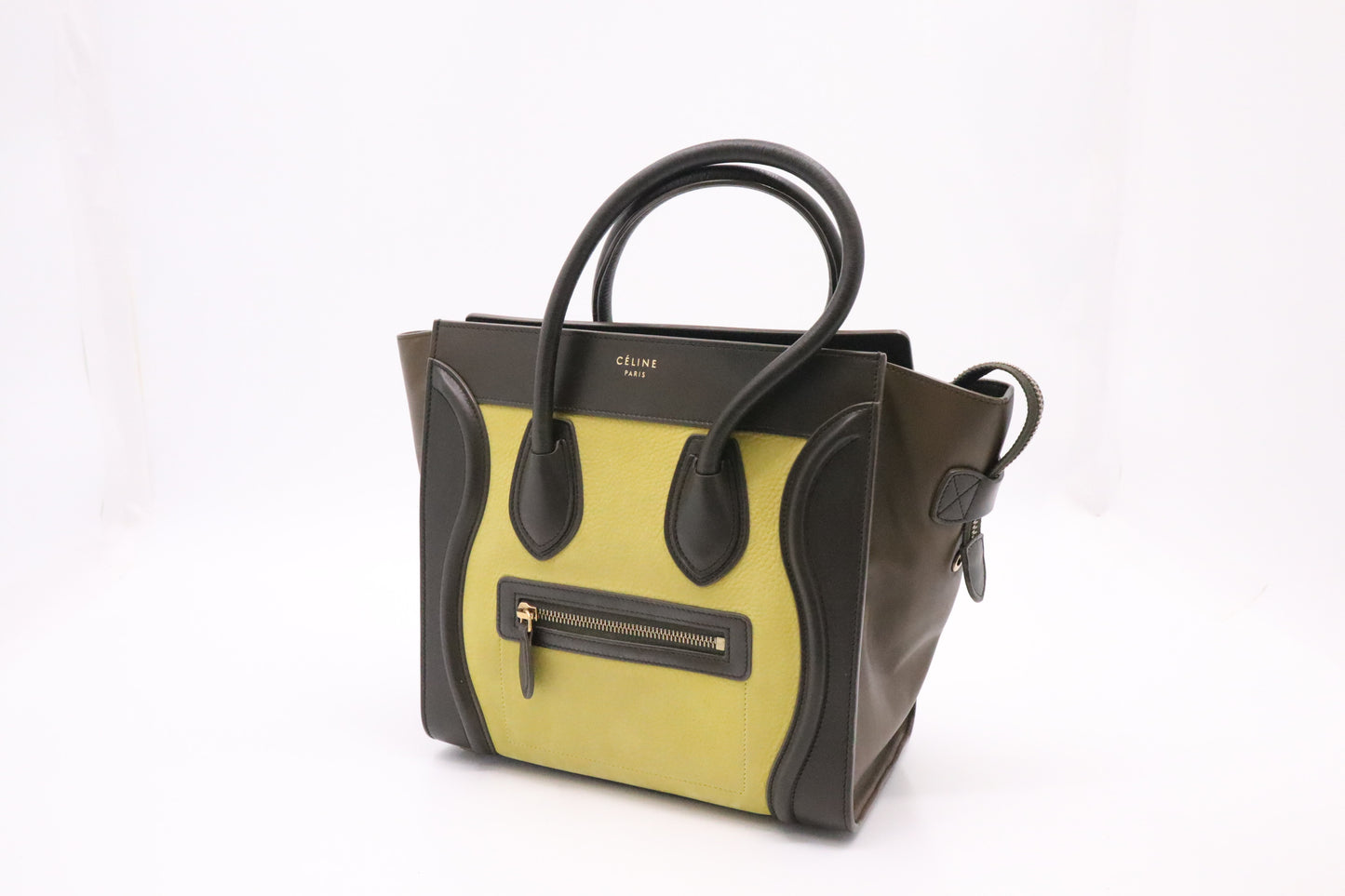 Celine Micro Luggage in Brown and Lime Yellow Leather
