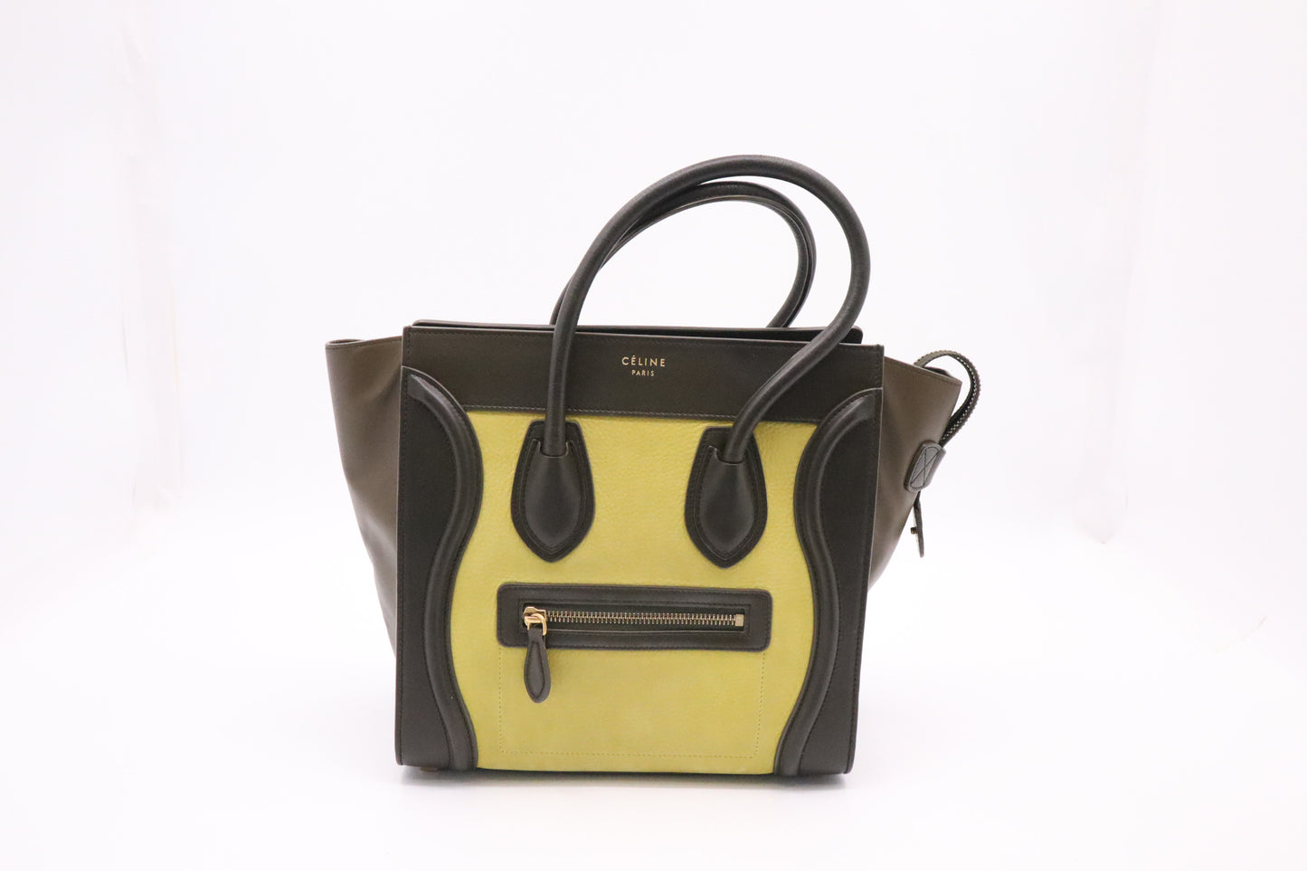 Celine Micro Luggage in Brown and Lime Yellow Leather