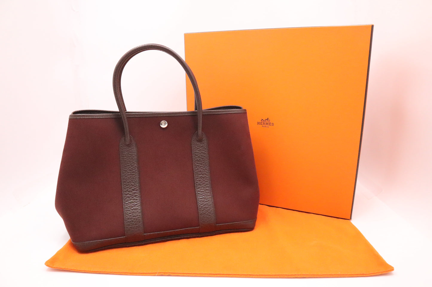 Hermes Garden Party 36 in Maroon Canvas & Dark Brown Leather
