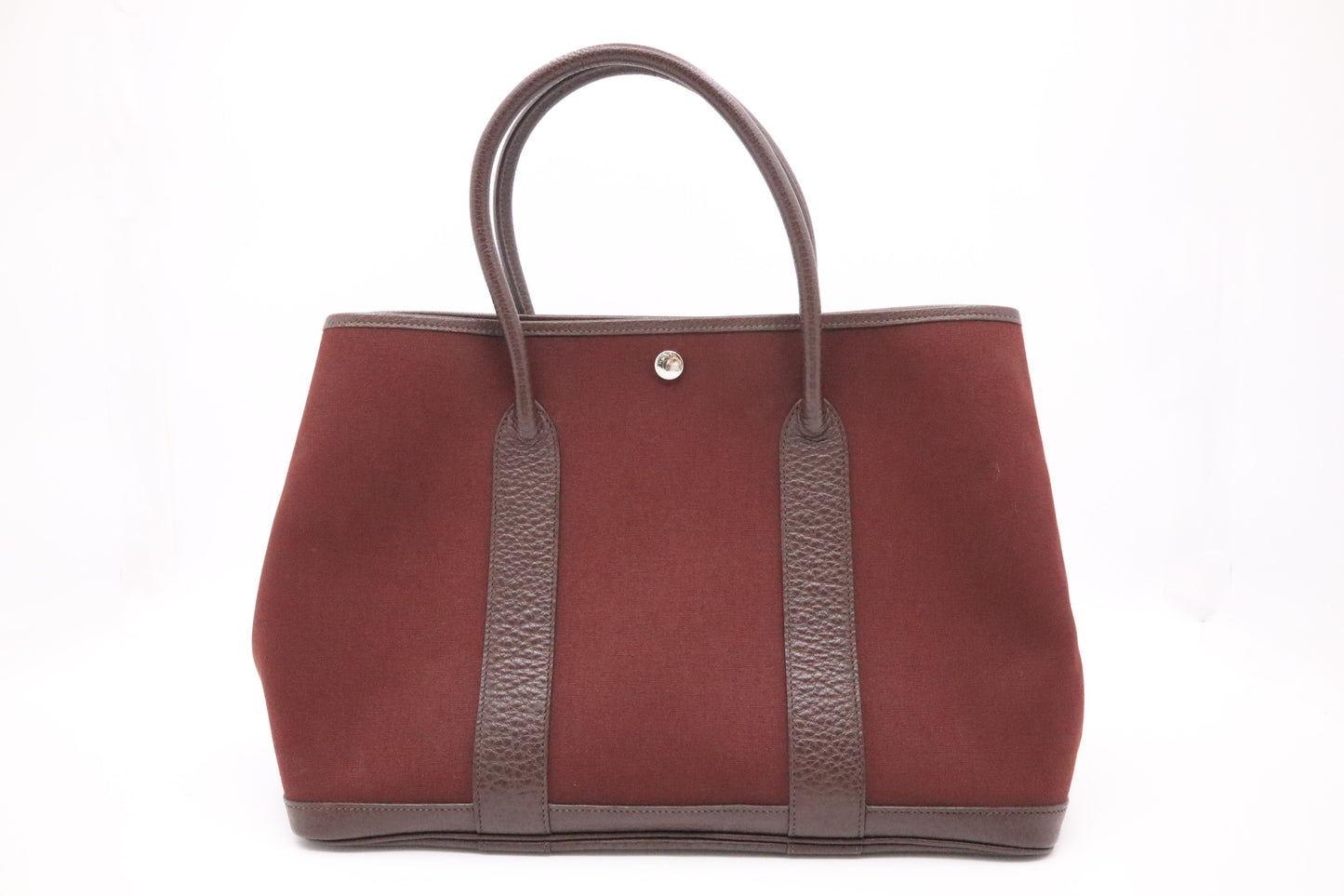 Hermes Garden Party 36 in Maroon Canvas & Dark Brown Leather