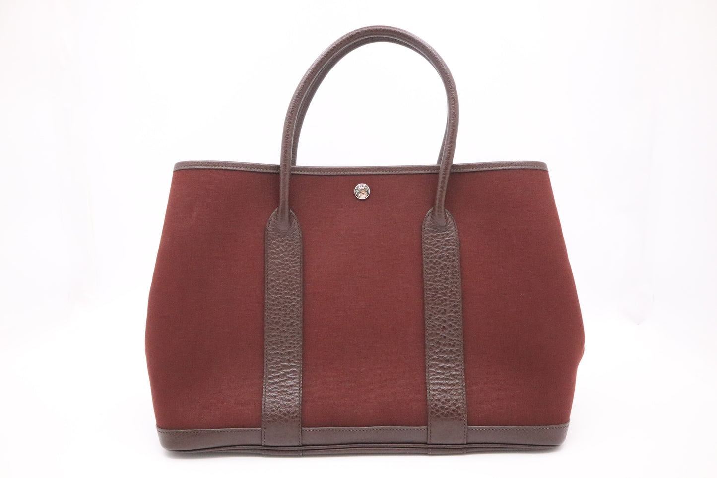 Hermes Garden Party 36 in Maroon Canvas & Dark Brown Leather