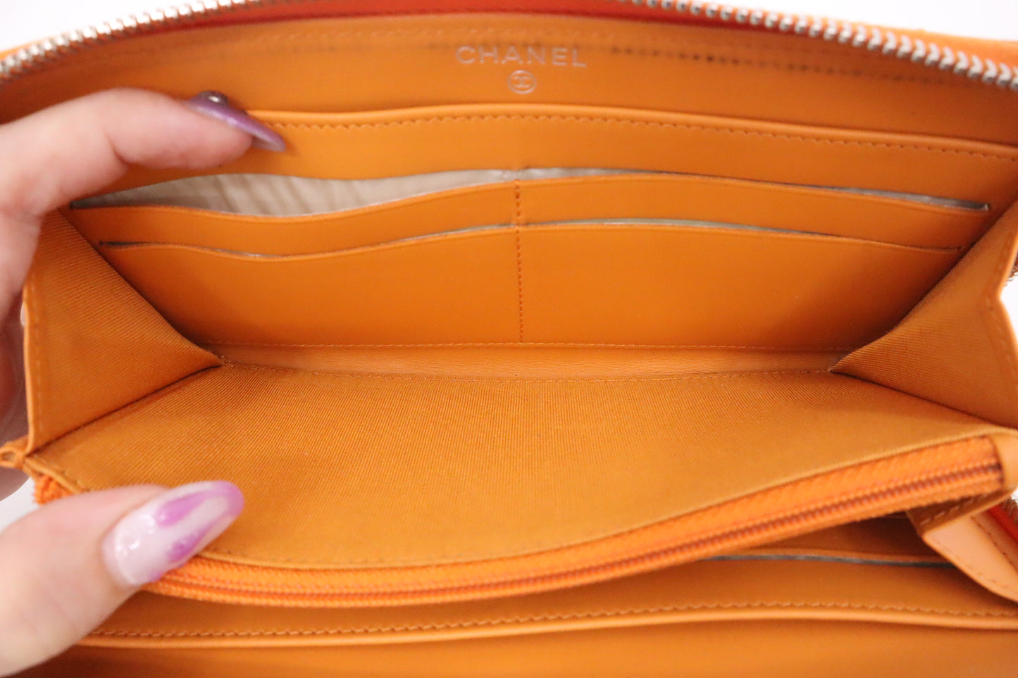 Chanel Long Zippy Wallet in Orange Patent Leather