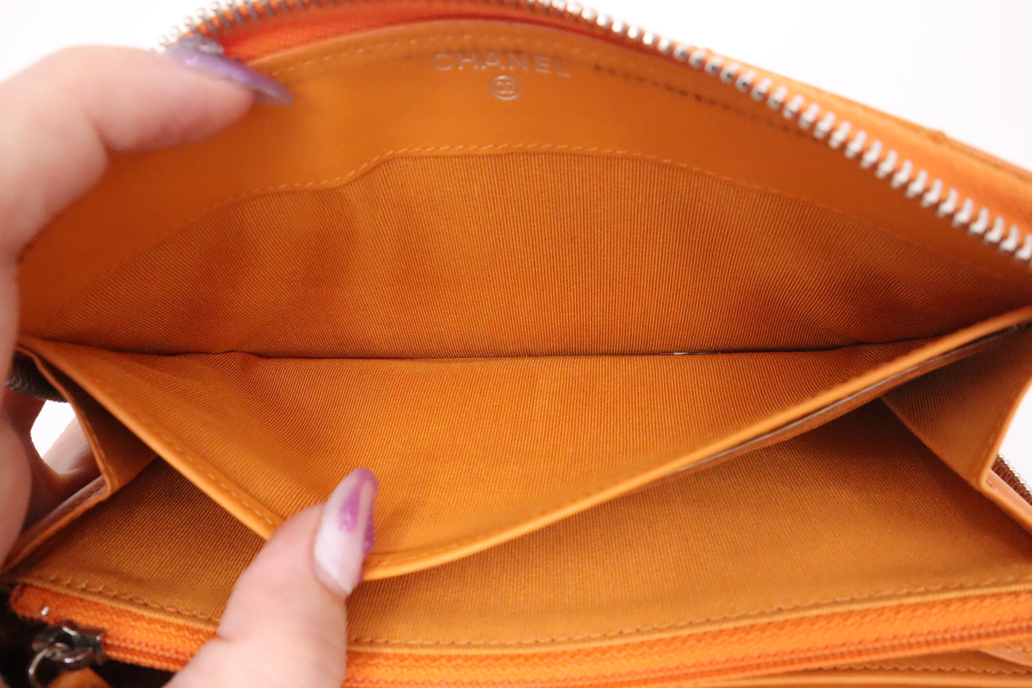 Chanel Long Zippy Wallet in Orange Patent Leather