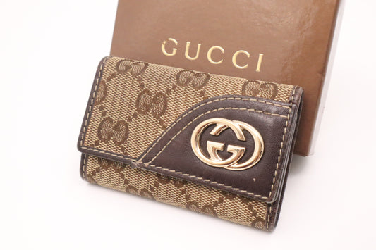 Gucci 4 Key Case in GG Canvas & Brown Leather