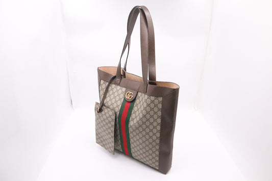Gucci Ophidia Tote in GG Supreme Canvas and Brown Leather