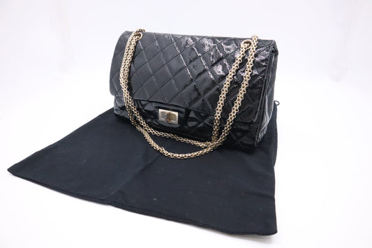 Chanel 2.55 Large Patent Flap in Black Matelasse Leather