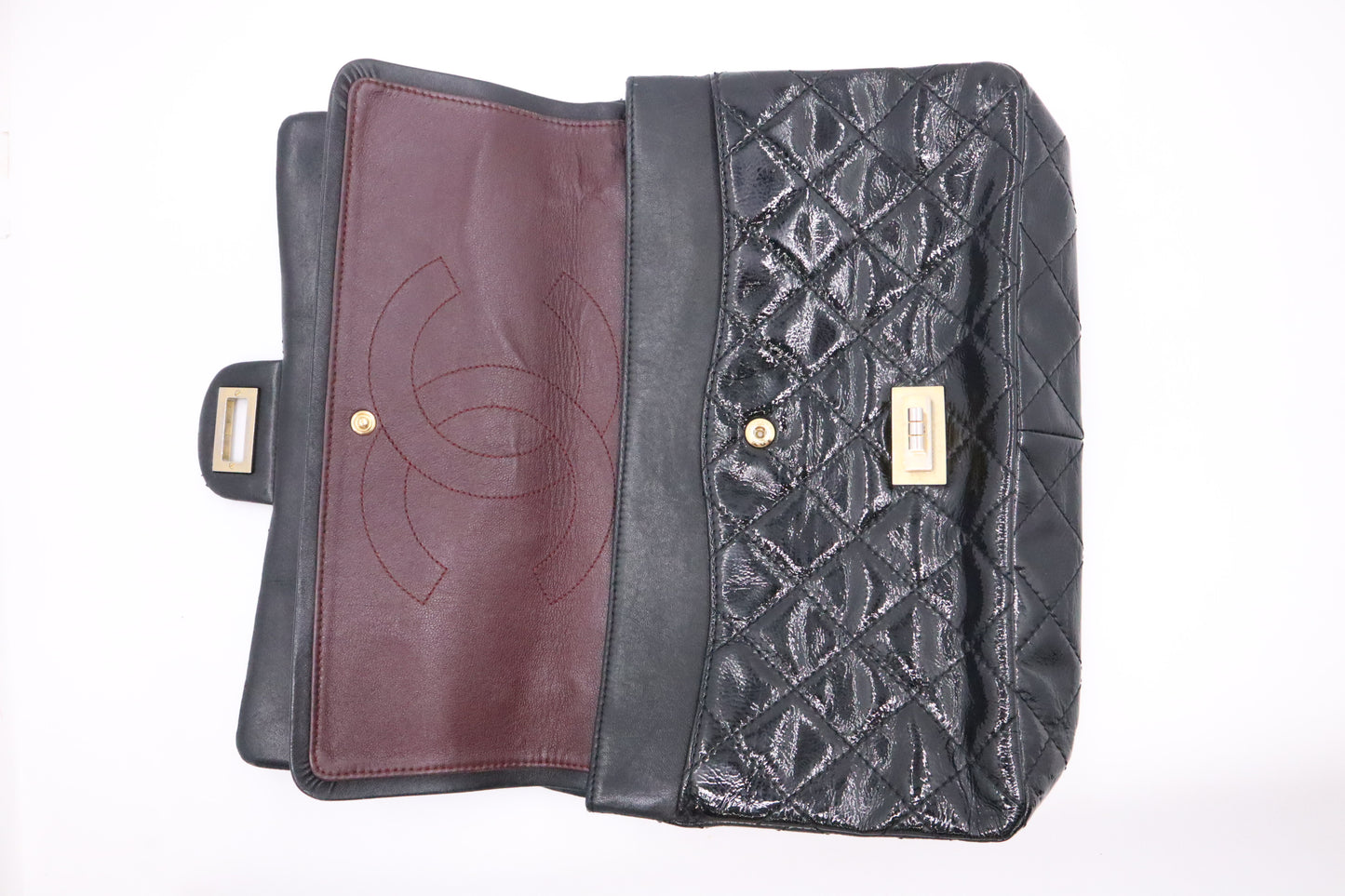 Chanel 2.55 Large Patent Flap in Black Matelasse Leather
