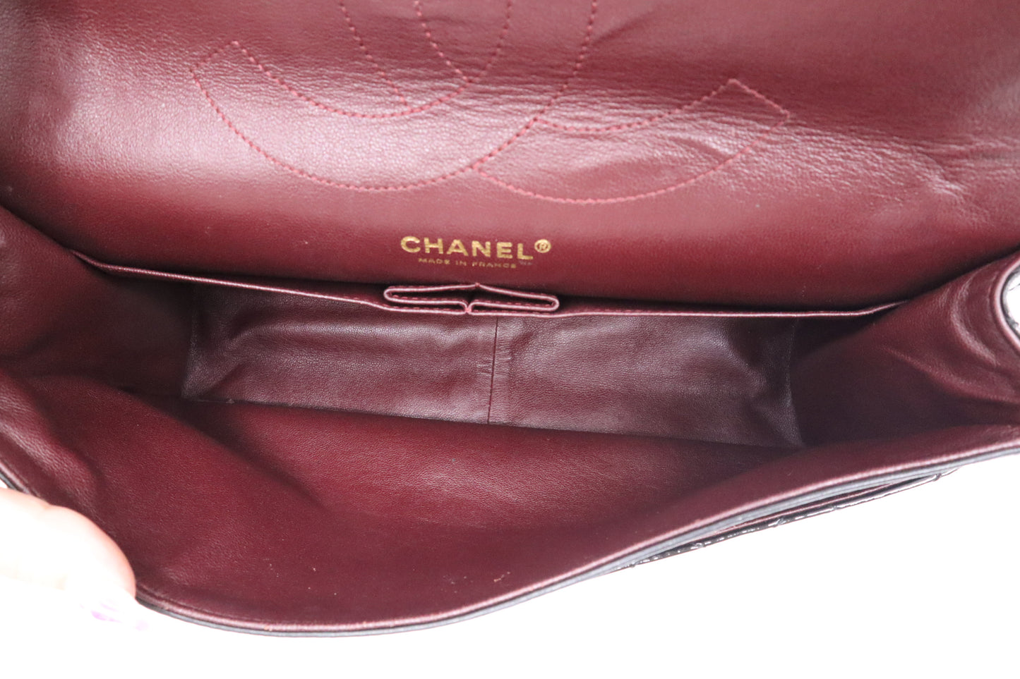 Chanel 2.55 Large Patent Flap in Black Matelasse Leather