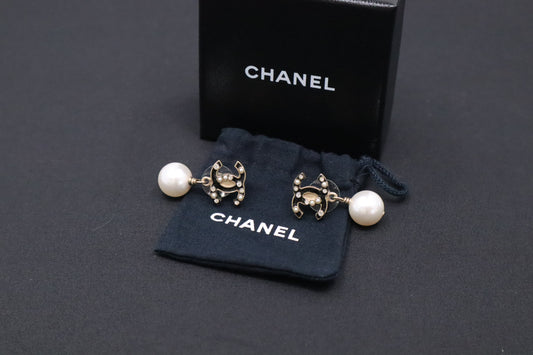 Chanel Black CC Earrings with Pearls