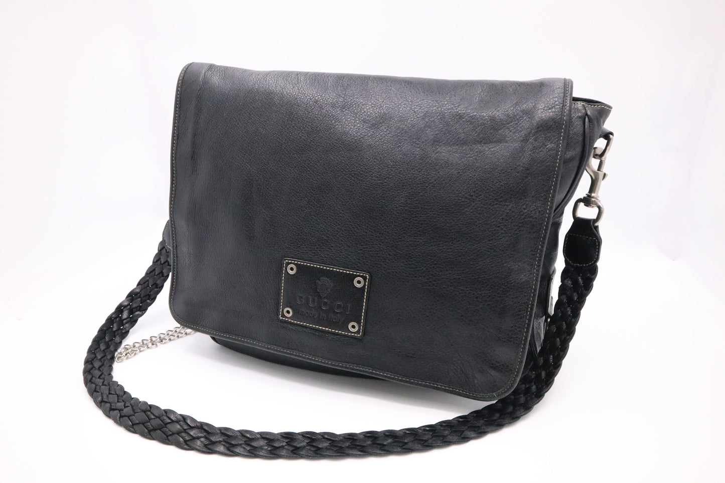 Gucci Crest Chain Messenger Bag in Black Leather