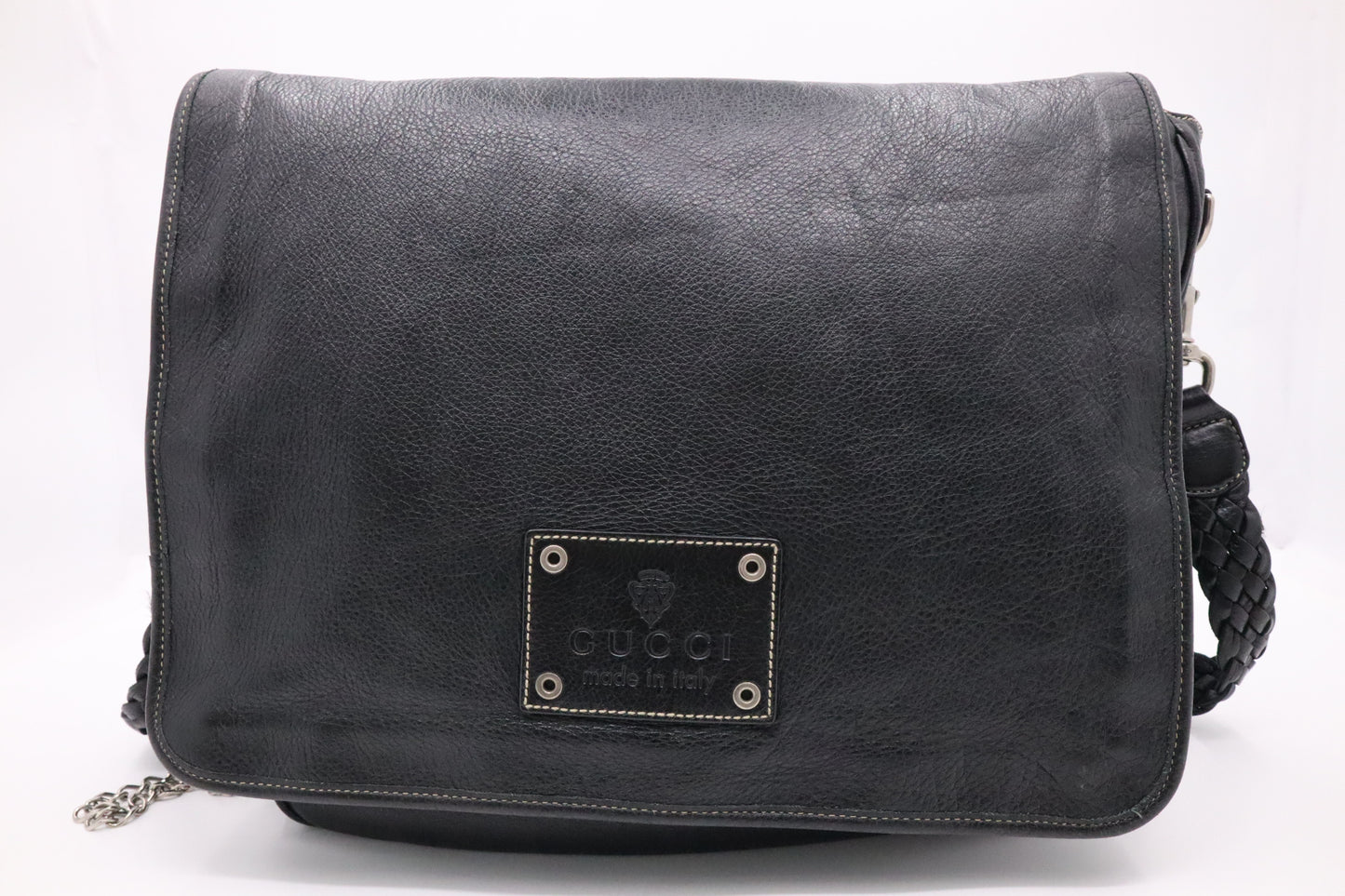Gucci Crest Chain Messenger Bag in Black Leather