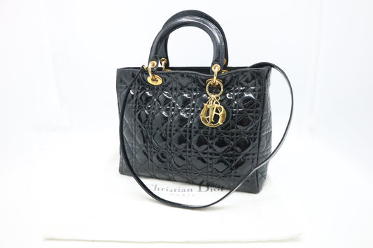 Dior Medium Lady Dior in Black Cannage Patent Leather