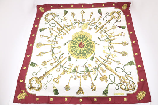 Hermes Les Clefs Carre 90 in Burgundy & Cream Silk