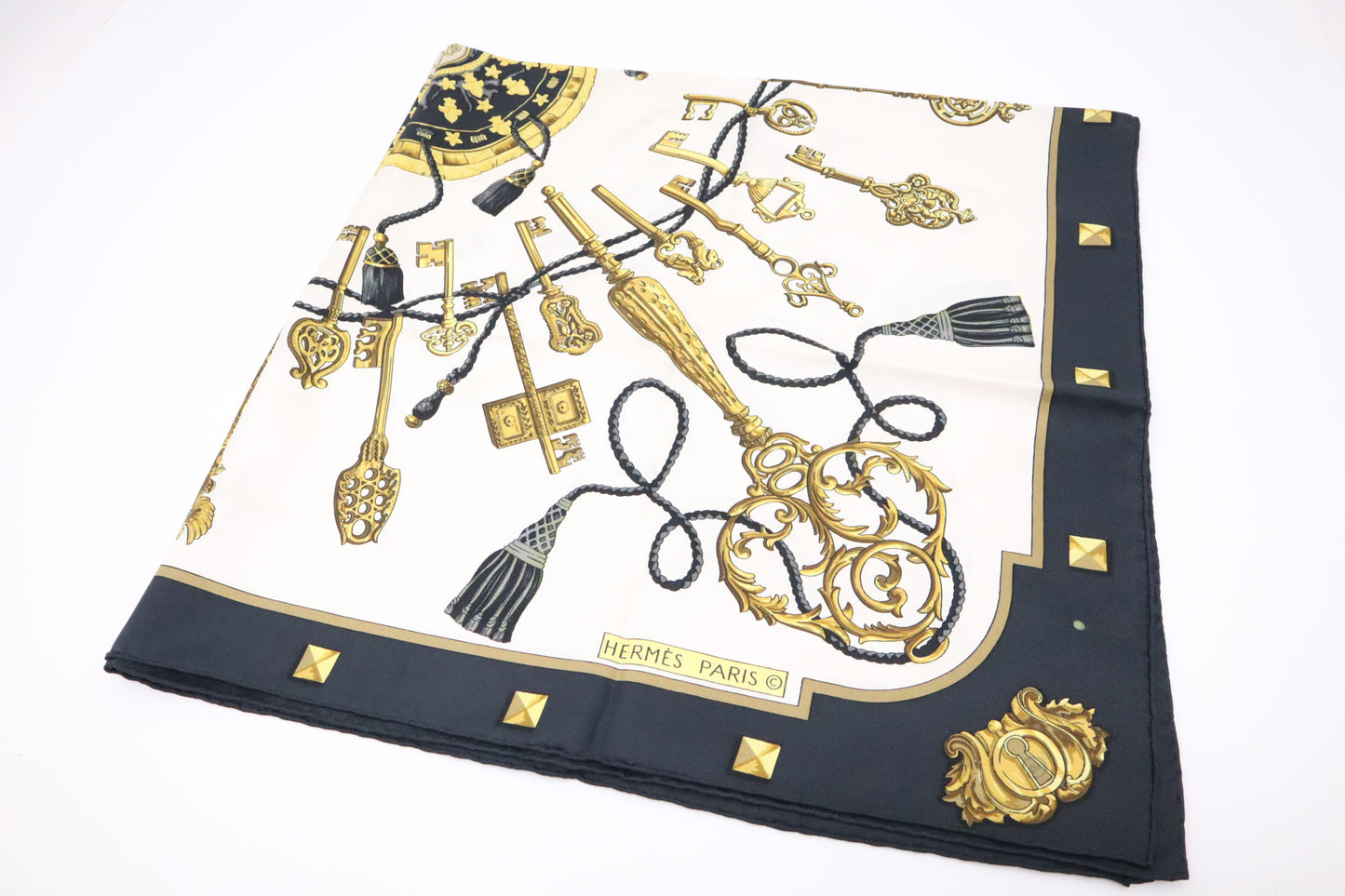 Hermes Les Clefs Carre 90 in Black & Cream Silk