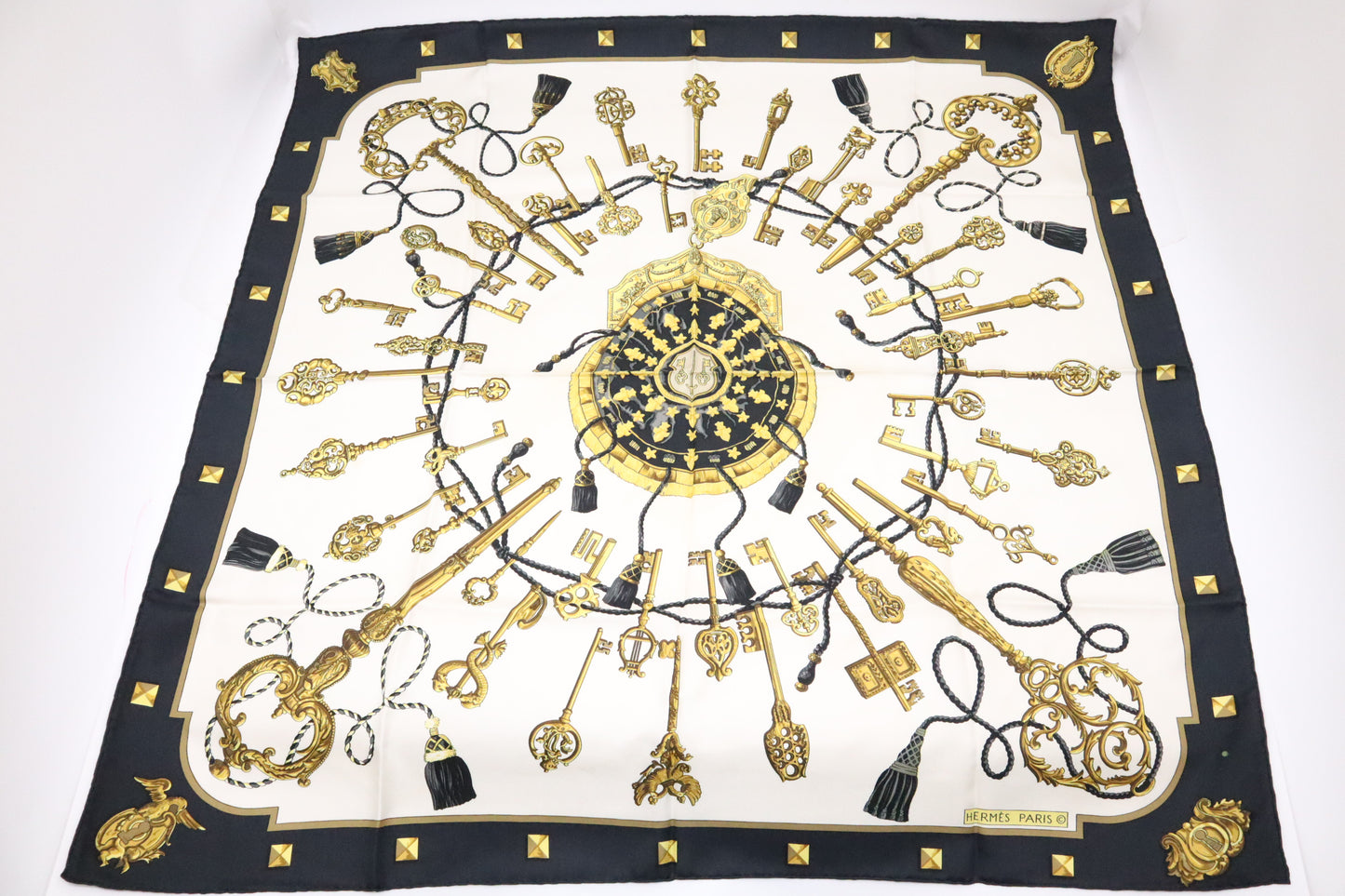 Hermes Les Clefs Carre 90 in Black & Cream Silk