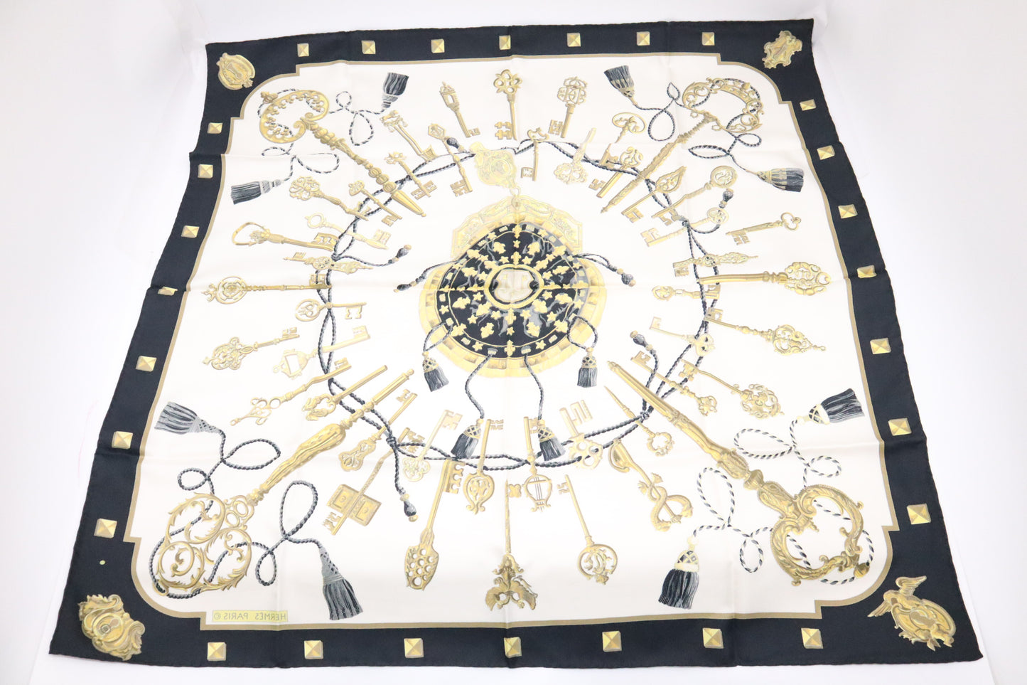 Hermes Les Clefs Carre 90 in Black & Cream Silk