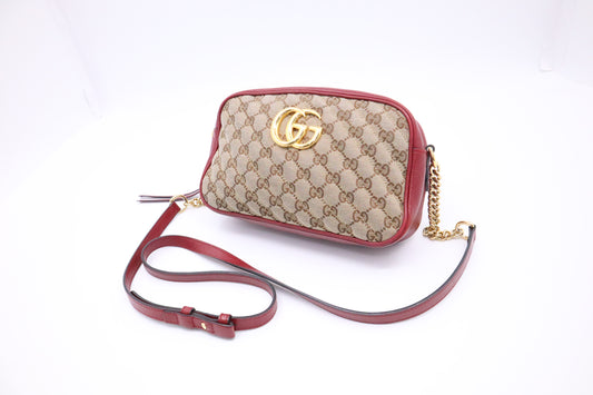 Gucci Marmont Crossbody Bag in Brown GG Canvas & Red Leather