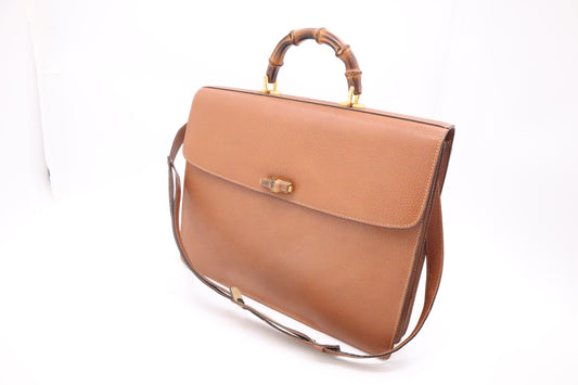 Gucci Bamboo Briefcase in Tan Brown Leather