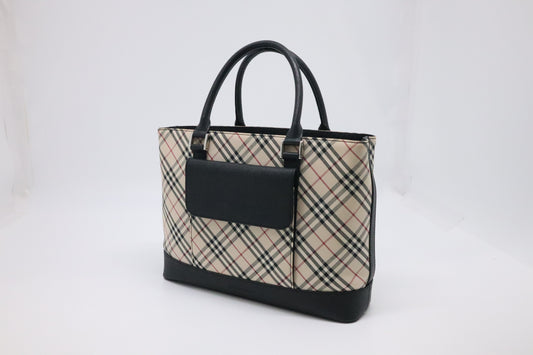 Burberry Handbag in Black Leather & Cream Checked Canvas