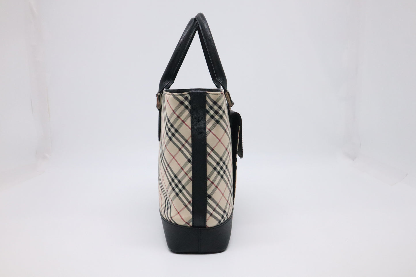 Burberry Handbag in Black Leather & Cream Checked Canvas