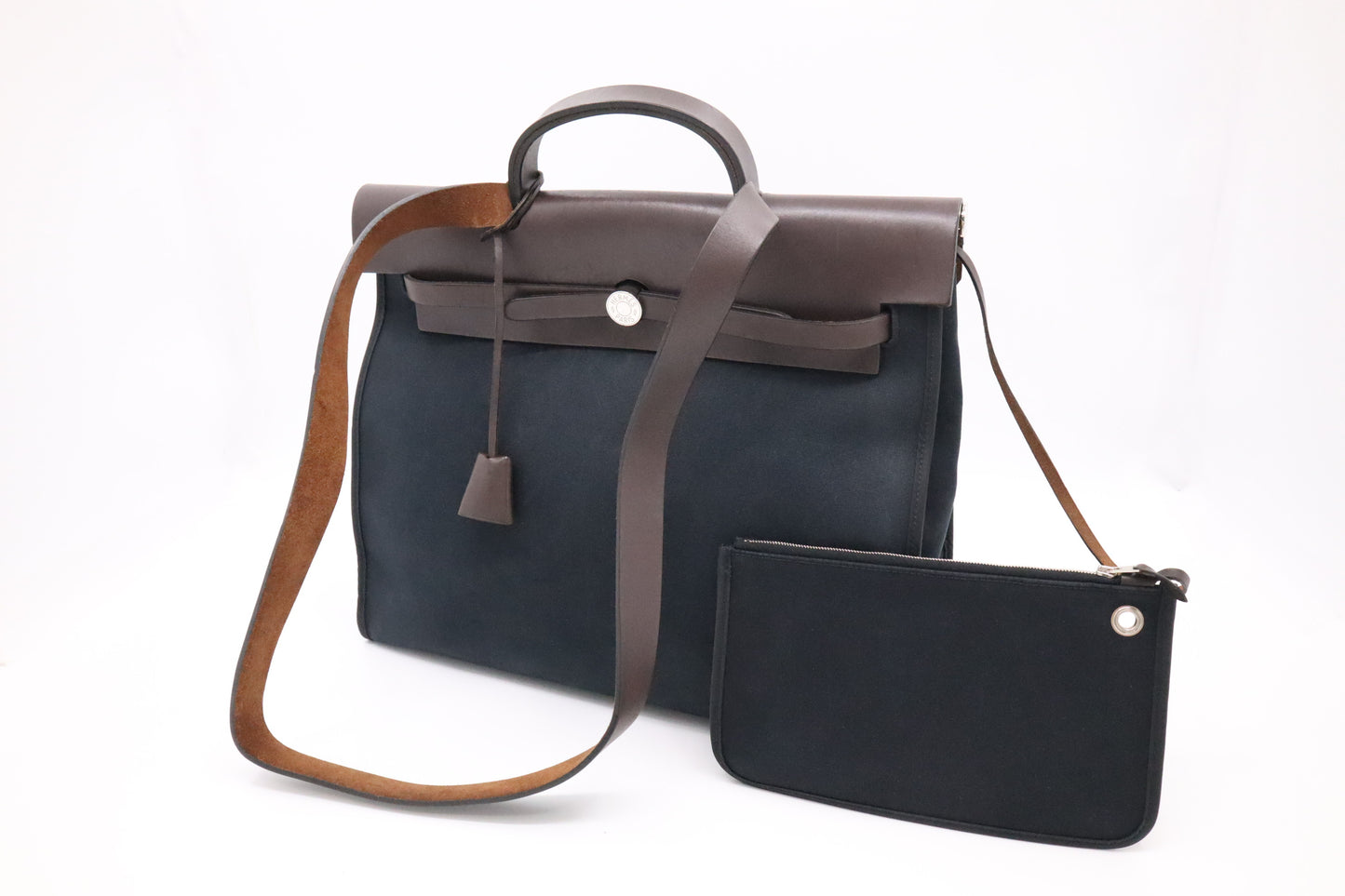 Hermes Herbag Zip 39 in Black Canvas & Brown Leather